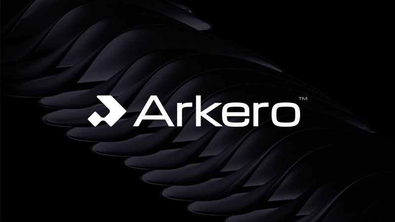 Arkero tech company logo with angular white symbol and wordmark on black