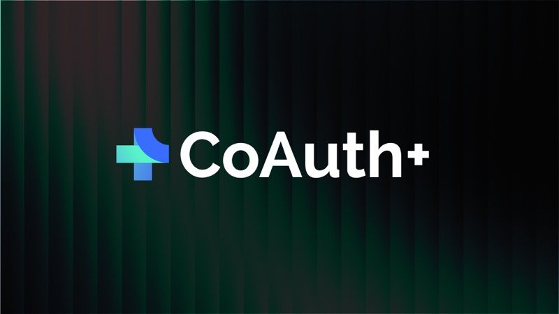 CoAuth+ authentication SaaS logo with blue and teal plus symbol on dark green background