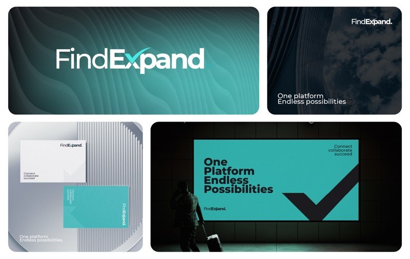 FindExpand collaboration platform wordmark logo in teal on business cards and airport billboard