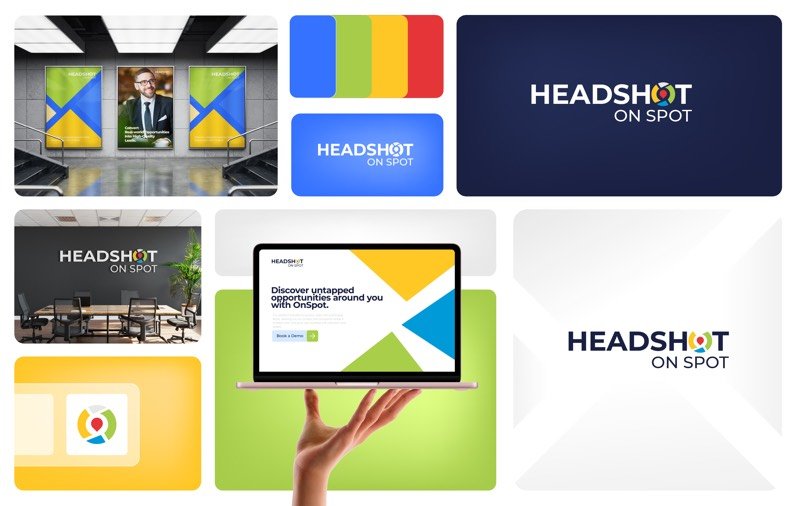 Headshot On Spot booking app logo with colorful location pin on office wall, laptop and posters