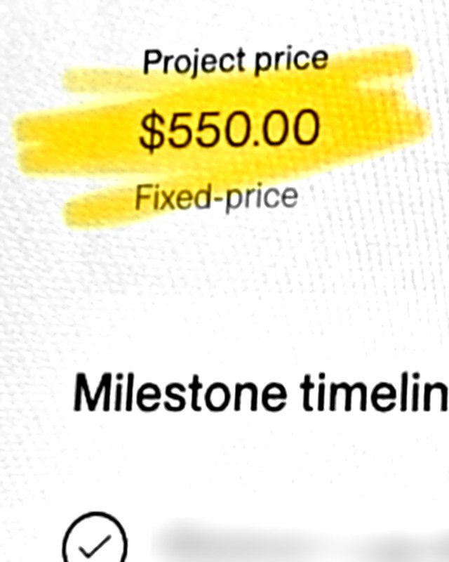 Screenshot ديال Upwork: مشروع Fixed-price ب $550 و Milestone مخلّص (سمية المشروع مضبّبة)