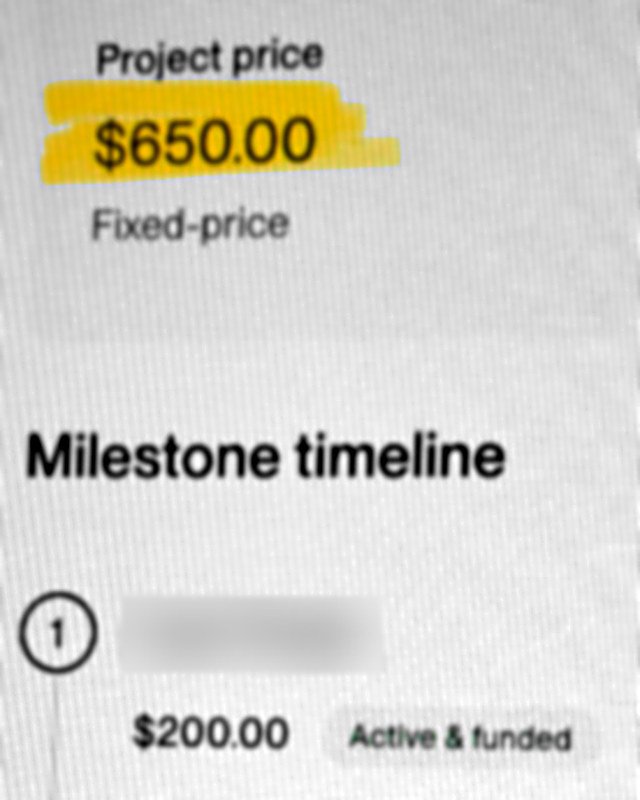 Screenshot ديال Upwork: مشروع Fixed-price ب $650 و Milestone ممول (سمية المشروع وسمية الكليان مضبّبين)