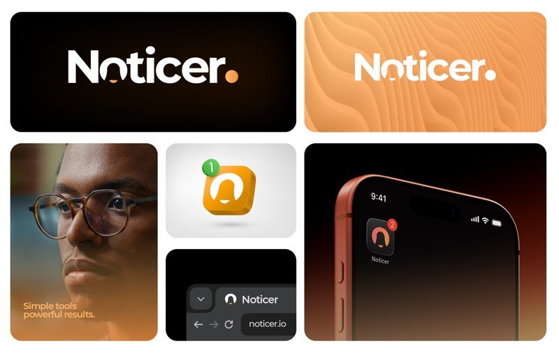 Noticer notification app wordmark with bell hidden in the letter o, shown as app icon and on iPhone