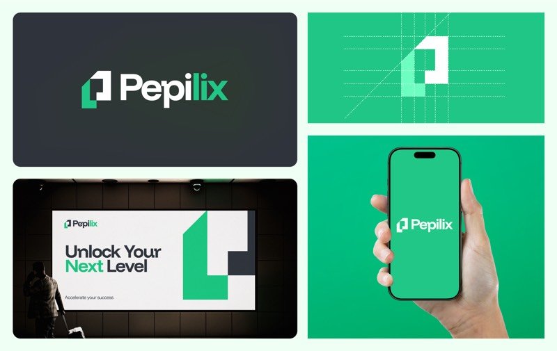 Pepilix SaaS logo construction grid with green geometric P symbol on phone and billboard