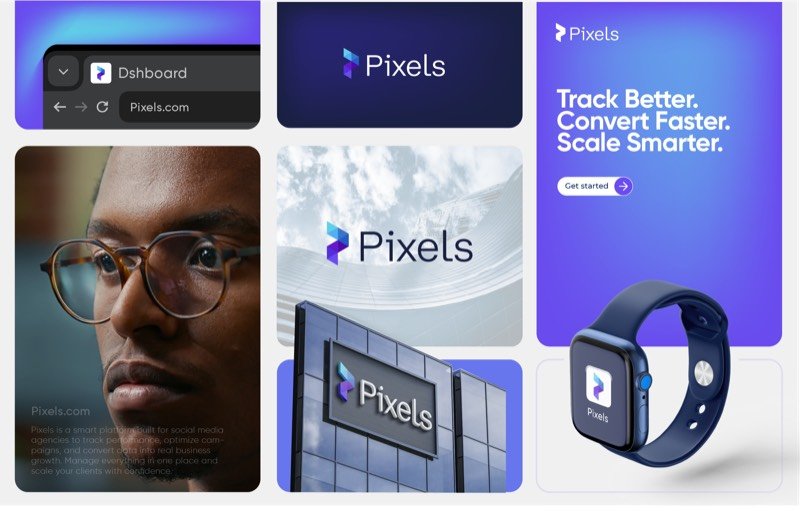 Pixels social media analytics SaaS logo in purple on browser tab, building and smartwatch app icon