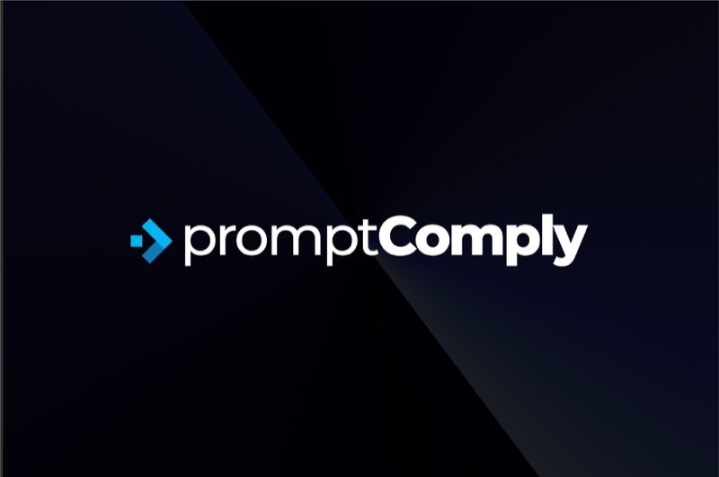 promptComply AI compliance SaaS logo with blue arrow symbol on dark background