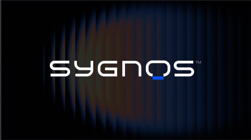 Sygnos tech wordmark logo in custom geometric letters with blue accent