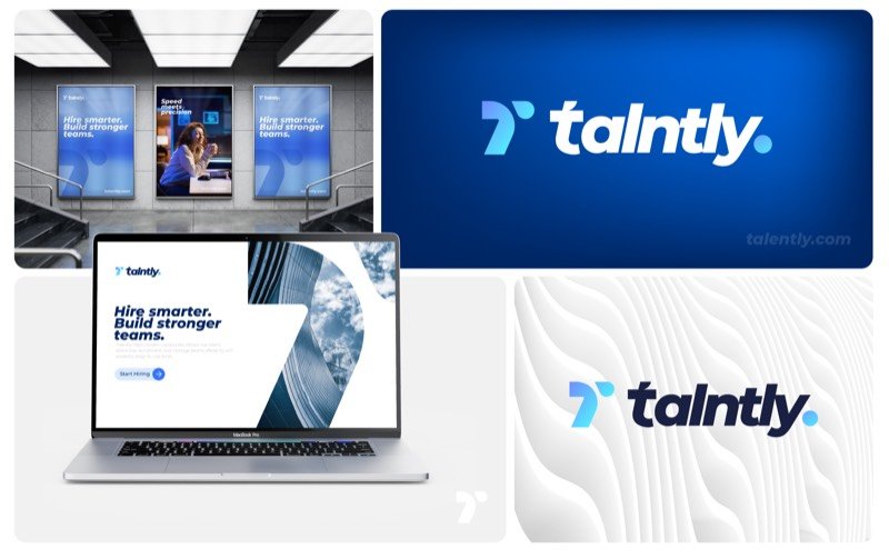 Talntly HR and hiring platform logo with blue T lettermark on laptop landing page and posters